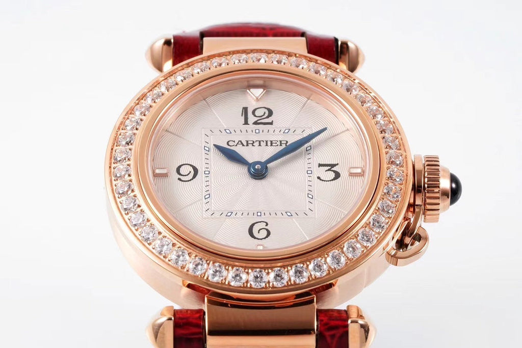 PASHA DE CARTIER WATCH ROSE GOLD CASE WITH CRYSTALS AND CRIMSON RED LEATHER STRAP
