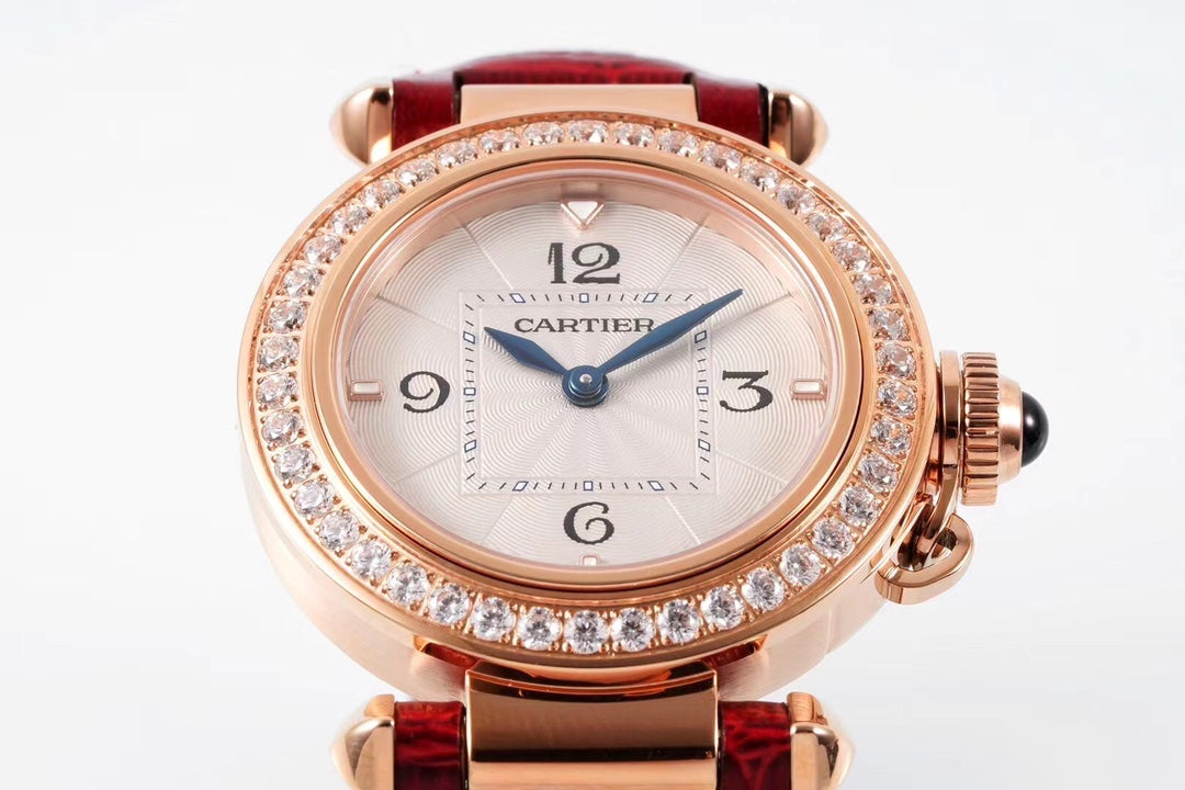PASHA DE CARTIER WATCH ROSE GOLD CASE WITH CRYSTALS AND CRIMSON RED LEATHER STRAP