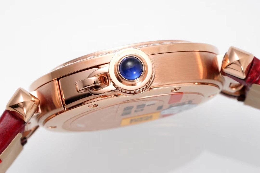 PASHA DE CARTIER WATCH ROSE GOLD CASE WITH CRYSTALS AND CRIMSON RED LEATHER STRAP