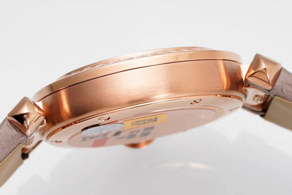 PASHA DE CARTIER WATCH ROSE GOLD CASE WITH CRYSTALS AND ROSE BROWN LEATHER STRAP