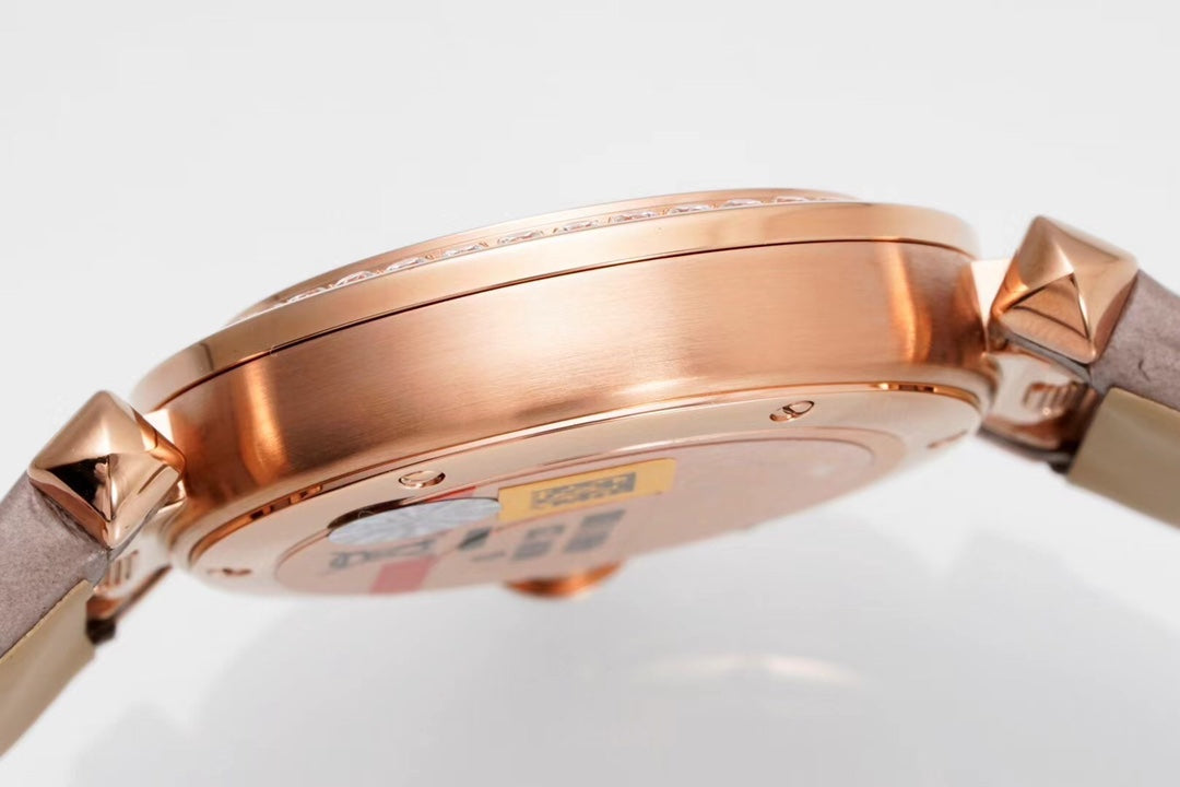 PASHA DE CARTIER WATCH ROSE GOLD CASE WITH CRYSTALS AND ROSE BROWN LEATHER STRAP