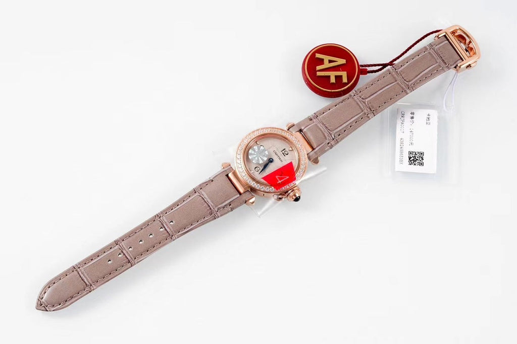 PASHA DE CARTIER WATCH ROSE GOLD CASE WITH CRYSTALS AND ROSE BROWN LEATHER STRAP