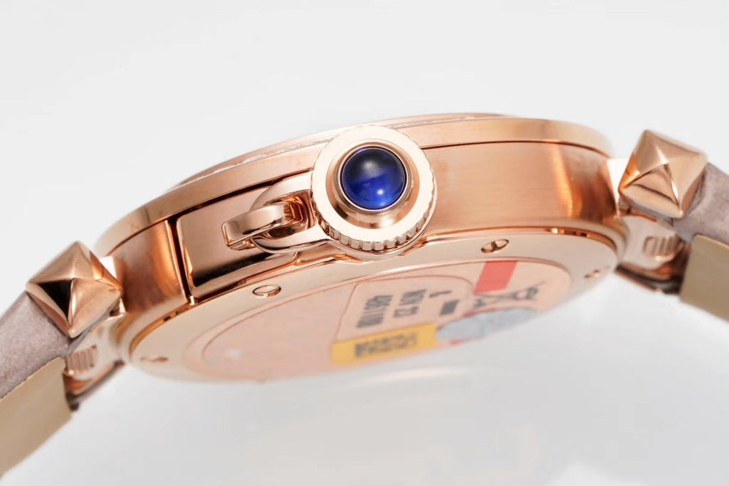 PASHA DE CARTIER WATCH ROSE GOLD CASE WITH CRYSTALS AND ROSE BROWN LEATHER STRAP