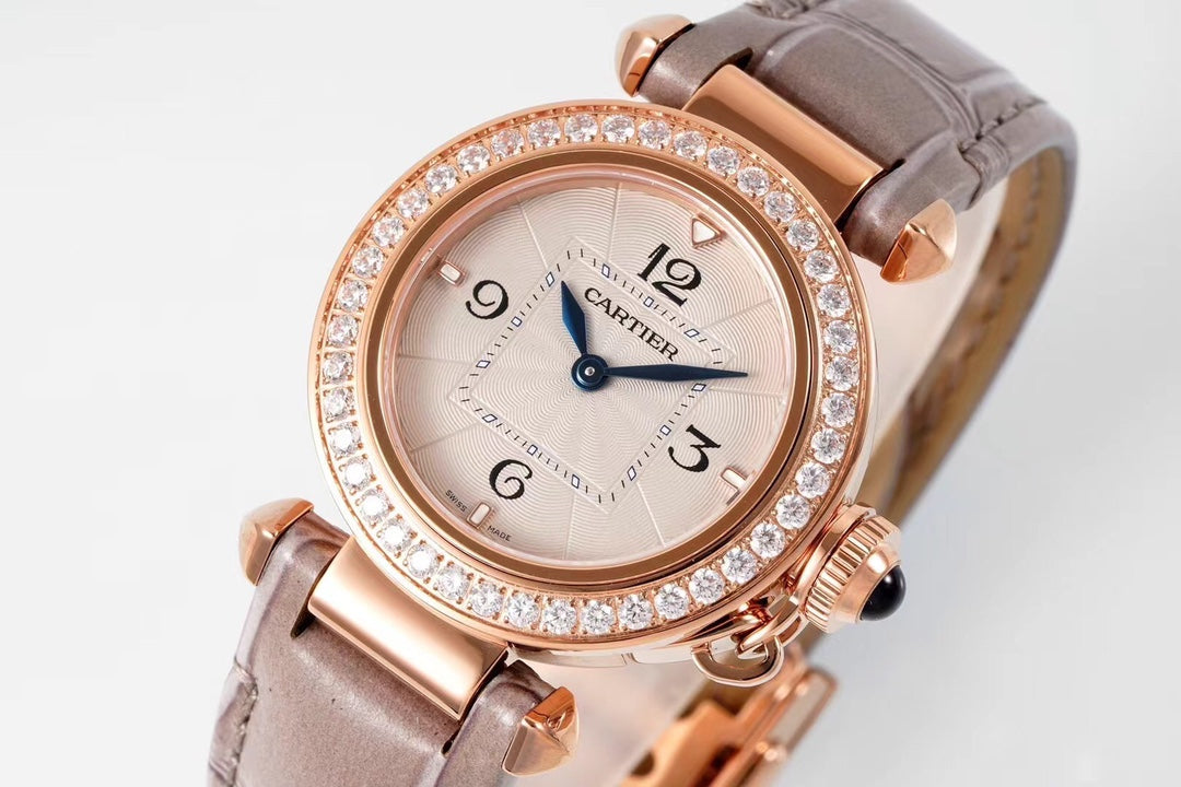 PASHA DE CARTIER WATCH ROSE GOLD CASE WITH CRYSTALS AND ROSE BROWN LEATHER STRAP