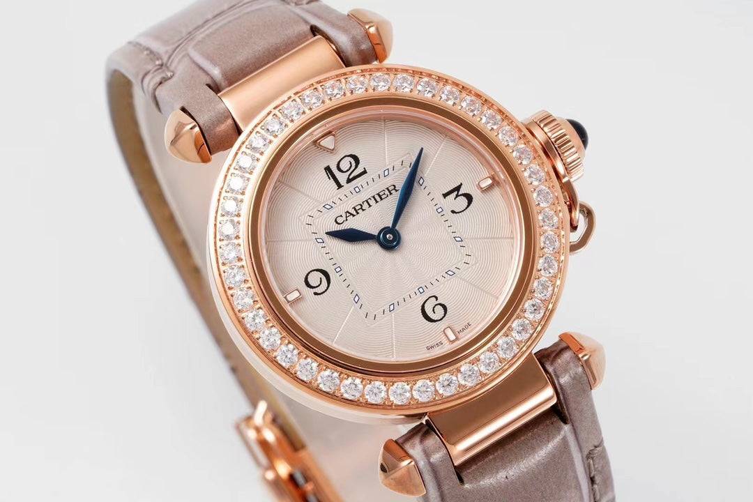 PASHA DE CARTIER WATCH ROSE GOLD CASE WITH CRYSTALS AND ROSE BROWN LEATHER STRAP