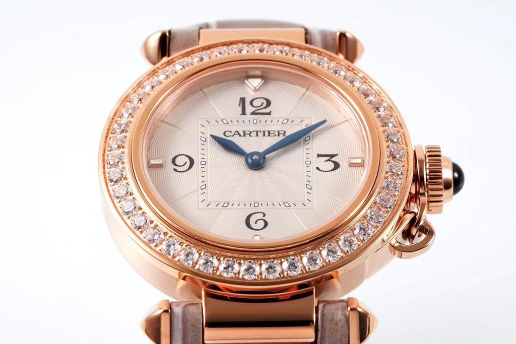 PASHA DE CARTIER WATCH ROSE GOLD CASE WITH CRYSTALS AND ROSE BROWN LEATHER STRAP