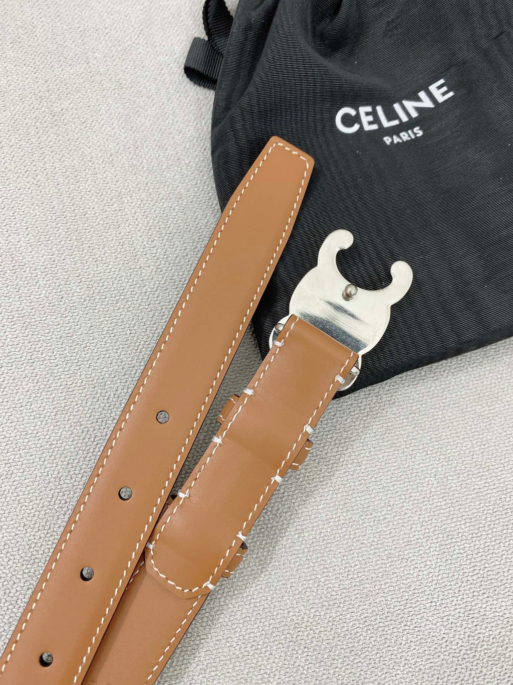 CELINE 25S TRIOMPHE BELT 25MM IN BROWN CALFSKIN SILVER HARDWARE 580678