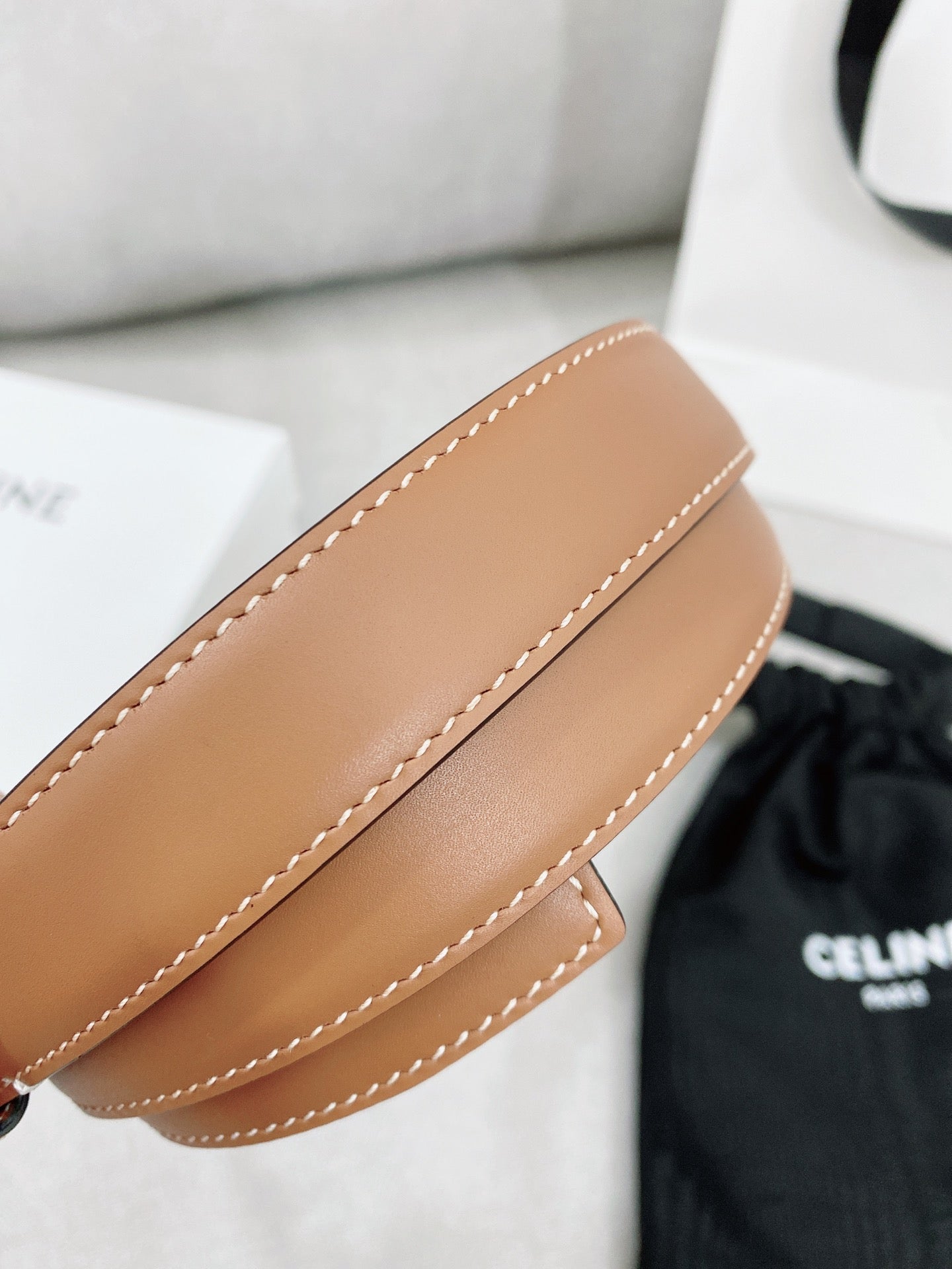CELINE 25S TRIOMPHE BELT 25MM IN BROWN CALFSKIN SILVER HARDWARE 580678