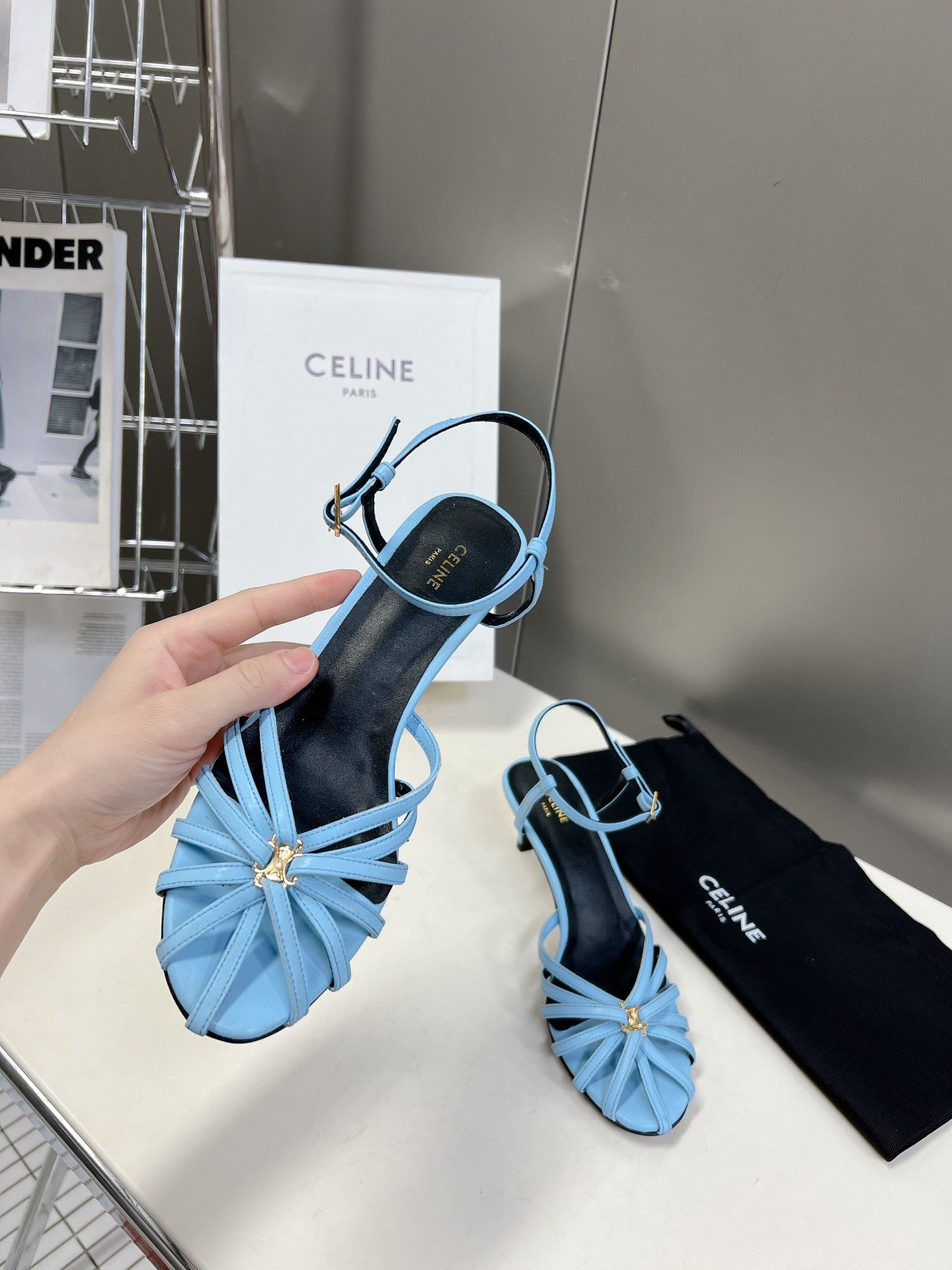 CELINE 26S KNOT STRAPPY SANDALS 60MM IN SKY BLUE CALFSKIN
