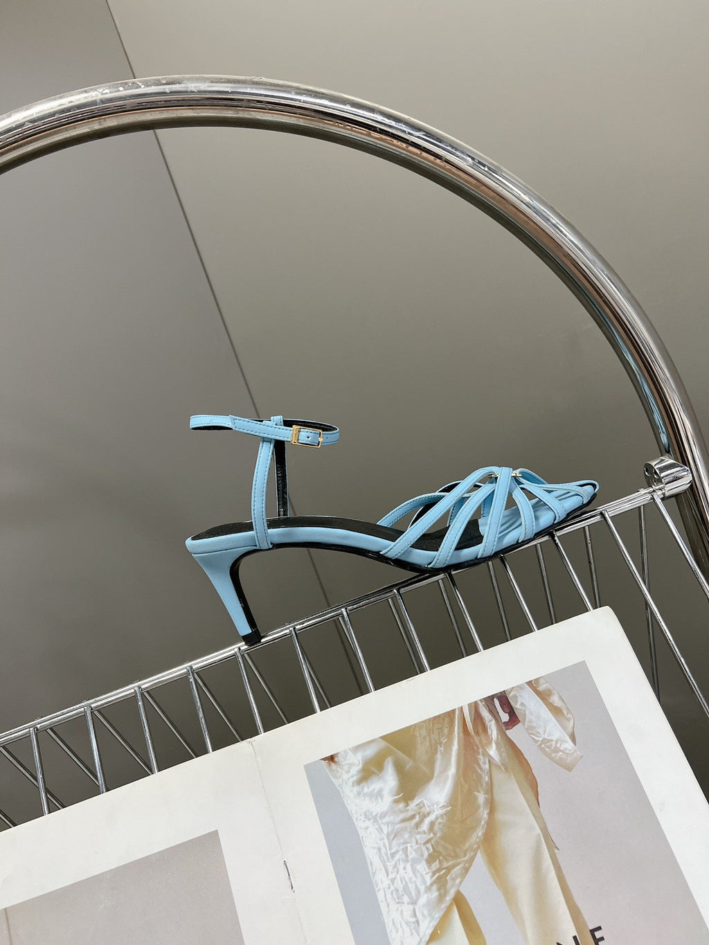 CELINE 26S KNOT STRAPPY SANDALS 60MM IN SKY BLUE CALFSKIN