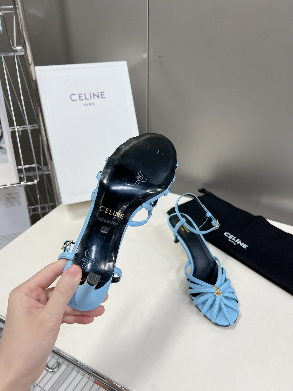 CELINE 26S KNOT STRAPPY SANDALS 60MM IN SKY BLUE CALFSKIN