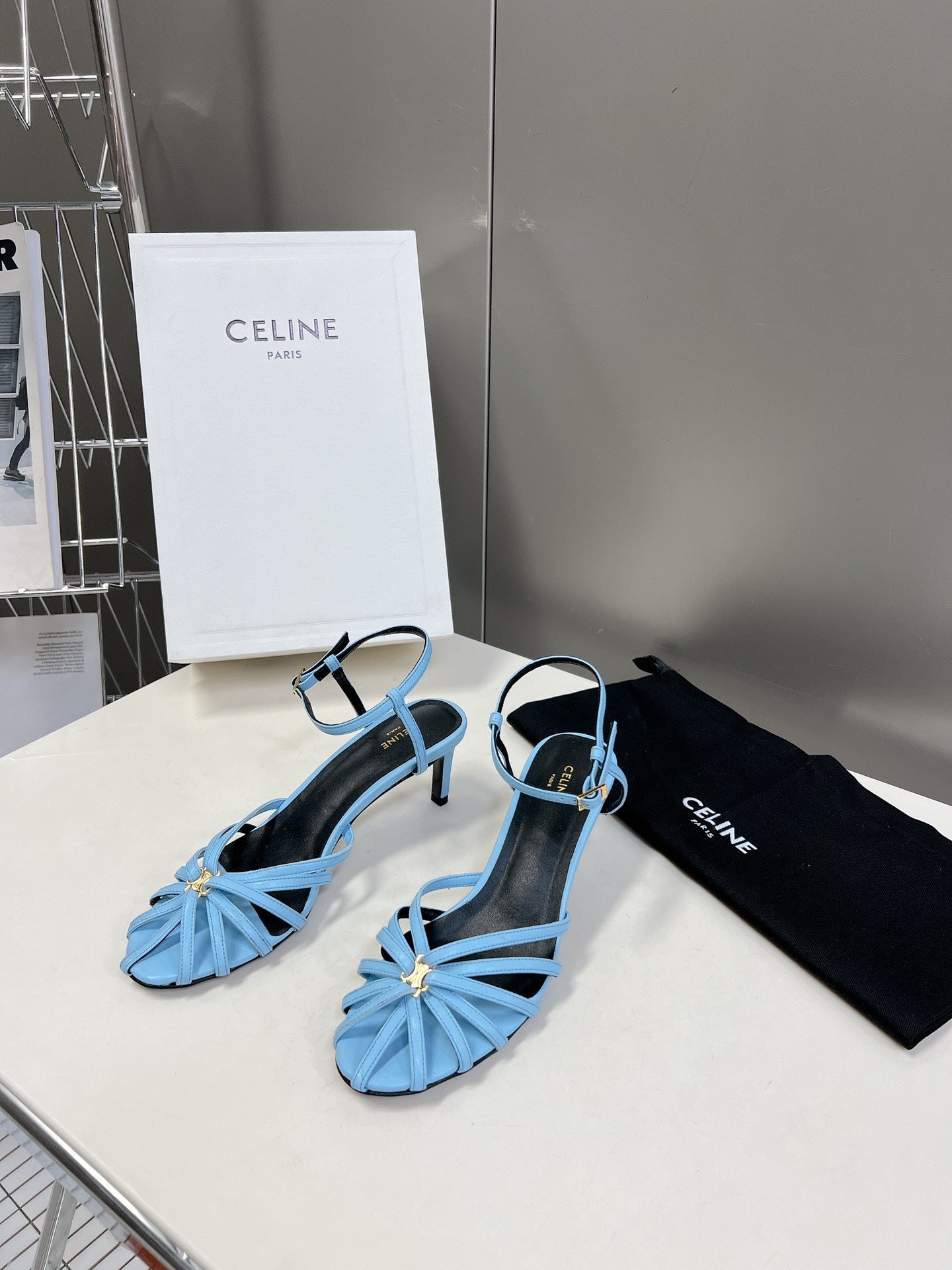 CELINE 26S KNOT STRAPPY SANDALS 60MM IN SKY BLUE CALFSKIN