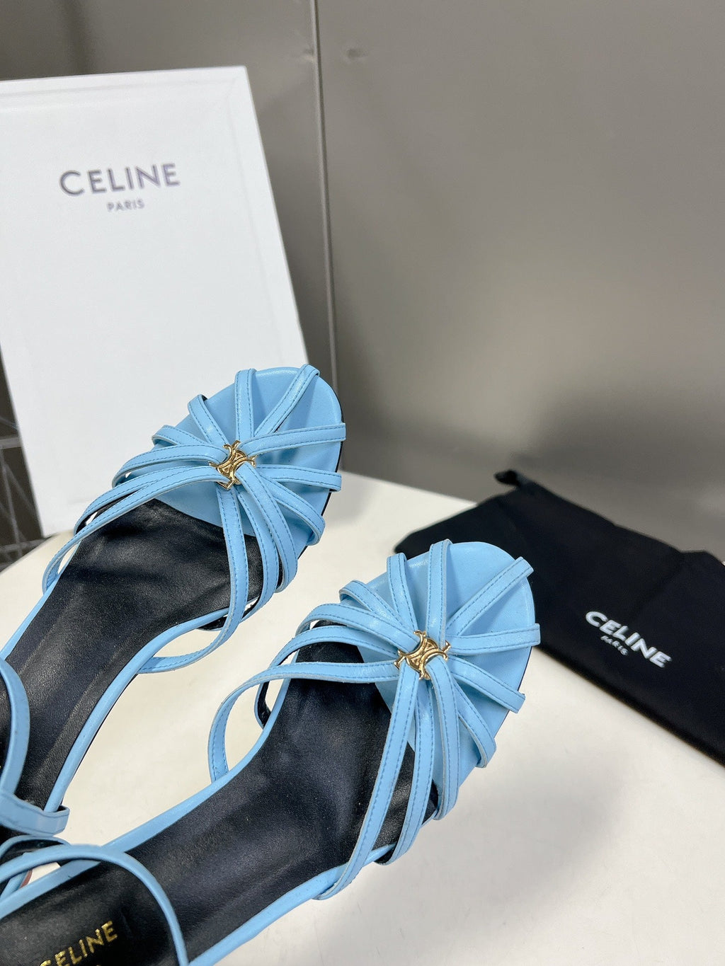 CELINE 26S KNOT STRAPPY SANDALS 60MM IN SKY BLUE CALFSKIN