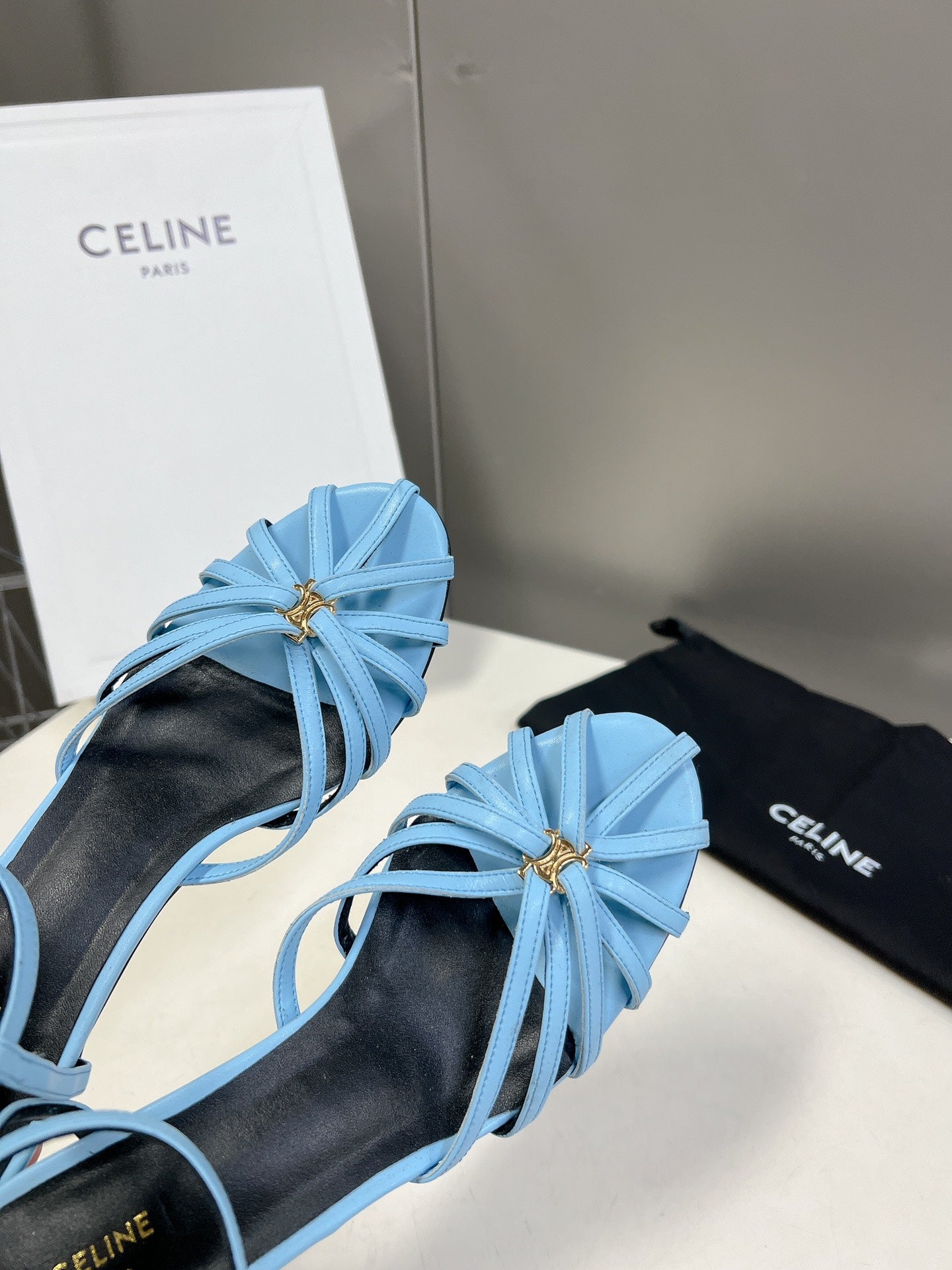 CELINE 26S KNOT STRAPPY SANDALS 60MM IN SKY BLUE CALFSKIN