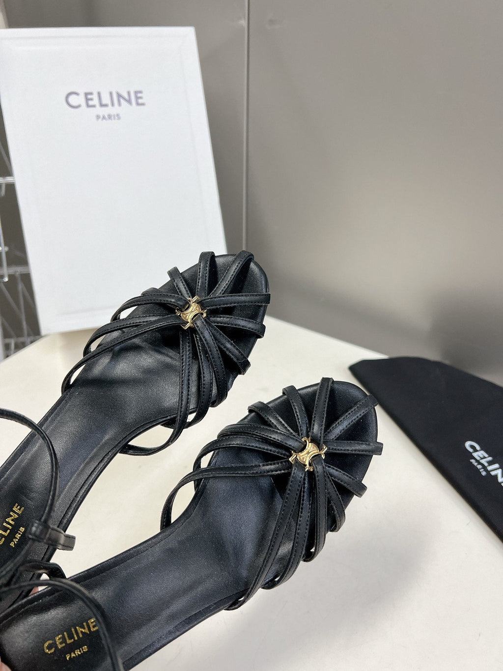 CELINE 26S KNOT STRAPPY SANDALS 60MM IN BLACK CALFSKIN