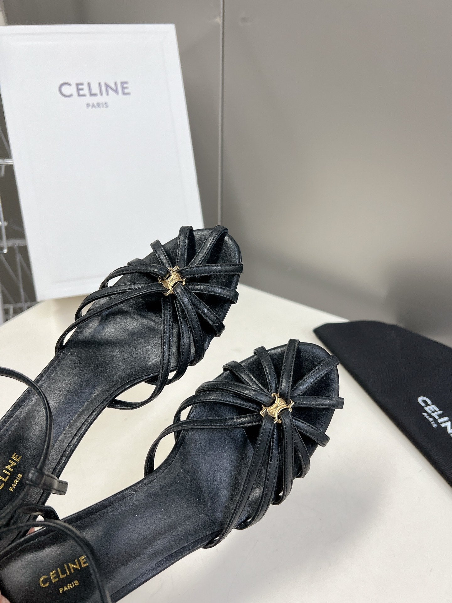 CELINE 26S KNOT STRAPPY SANDALS 60MM IN BLACK CALFSKIN