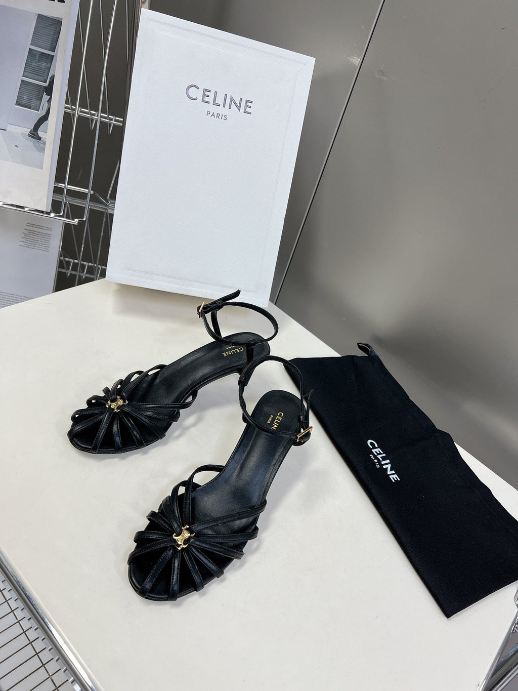 CELINE 26S KNOT STRAPPY SANDALS 60MM IN BLACK CALFSKIN