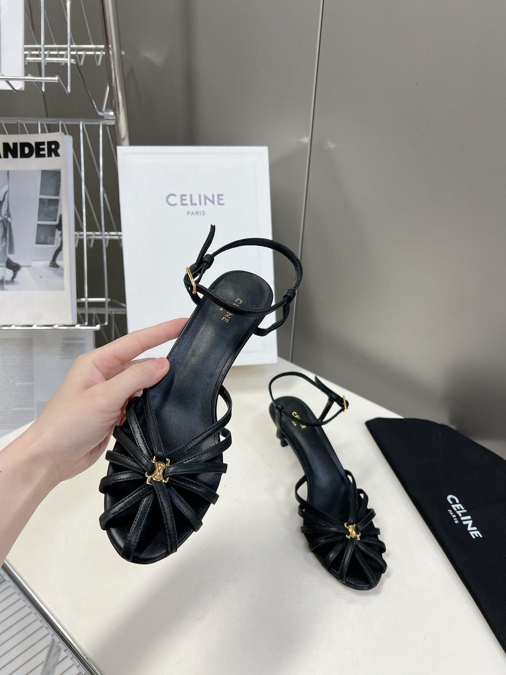 CELINE 26S KNOT STRAPPY SANDALS 60MM IN BLACK CALFSKIN