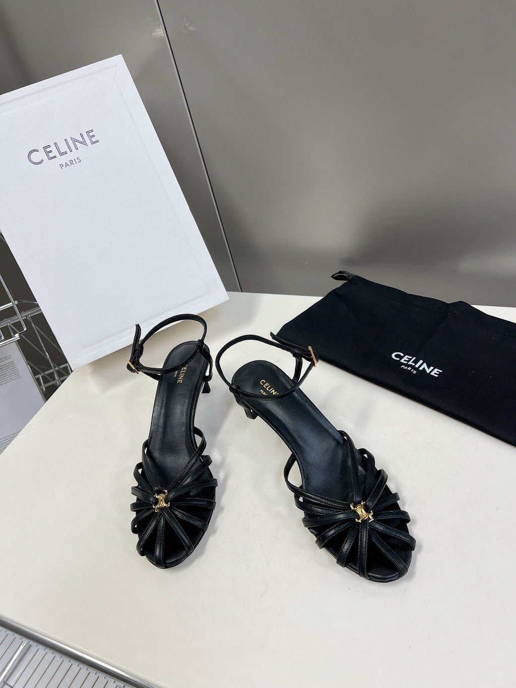 CELINE 26S KNOT STRAPPY SANDALS 60MM IN BLACK CALFSKIN