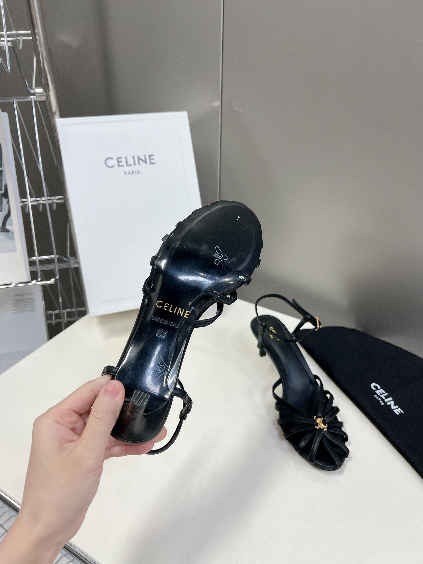 CELINE 26S KNOT STRAPPY SANDALS 60MM IN BLACK CALFSKIN