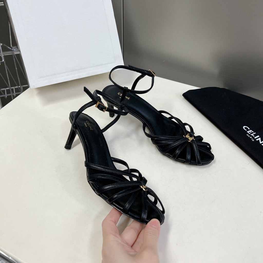 CELINE 26S KNOT STRAPPY SANDALS 60MM IN BLACK CALFSKIN