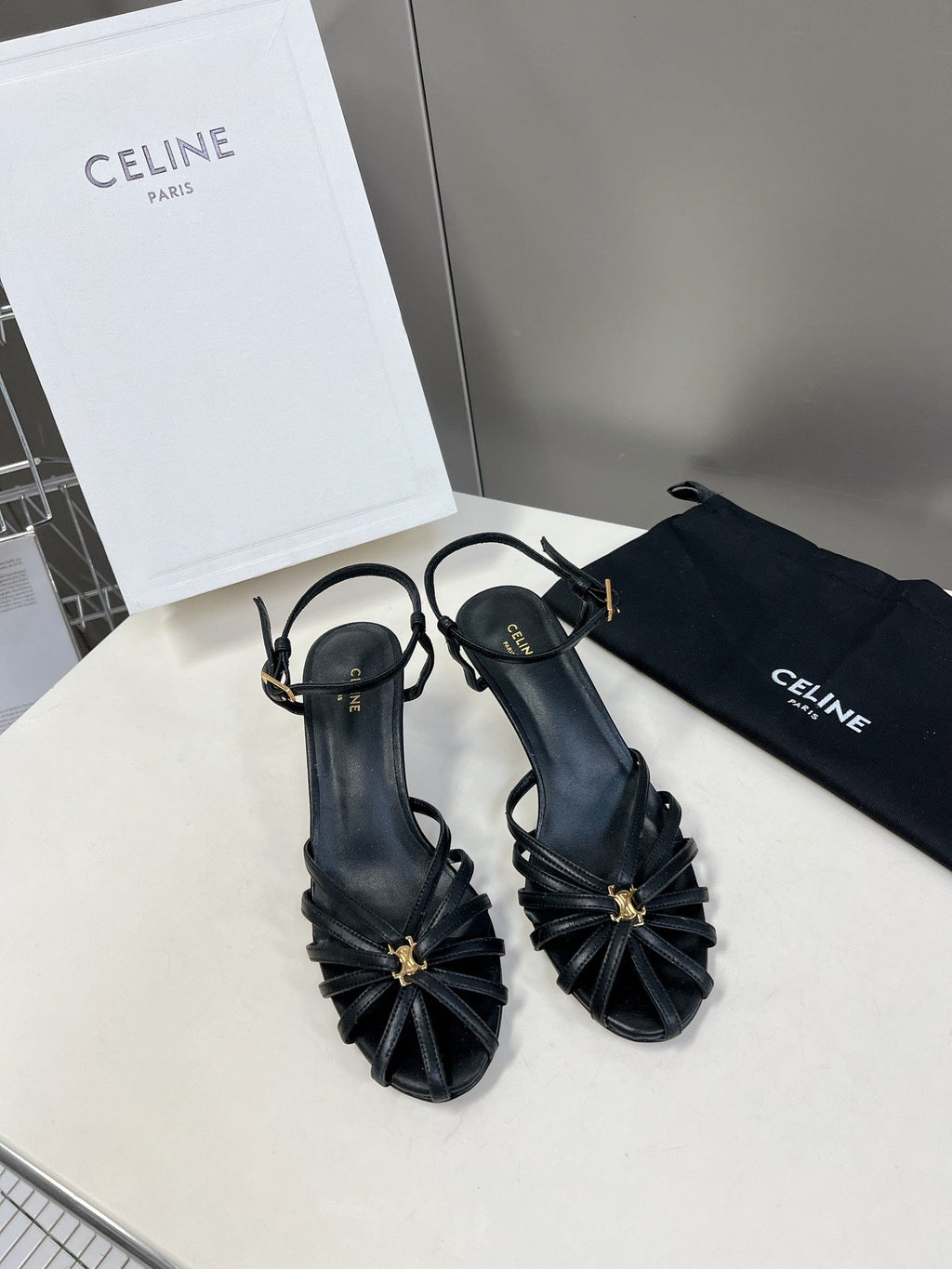 CELINE 26S KNOT STRAPPY SANDALS 60MM IN BLACK CALFSKIN
