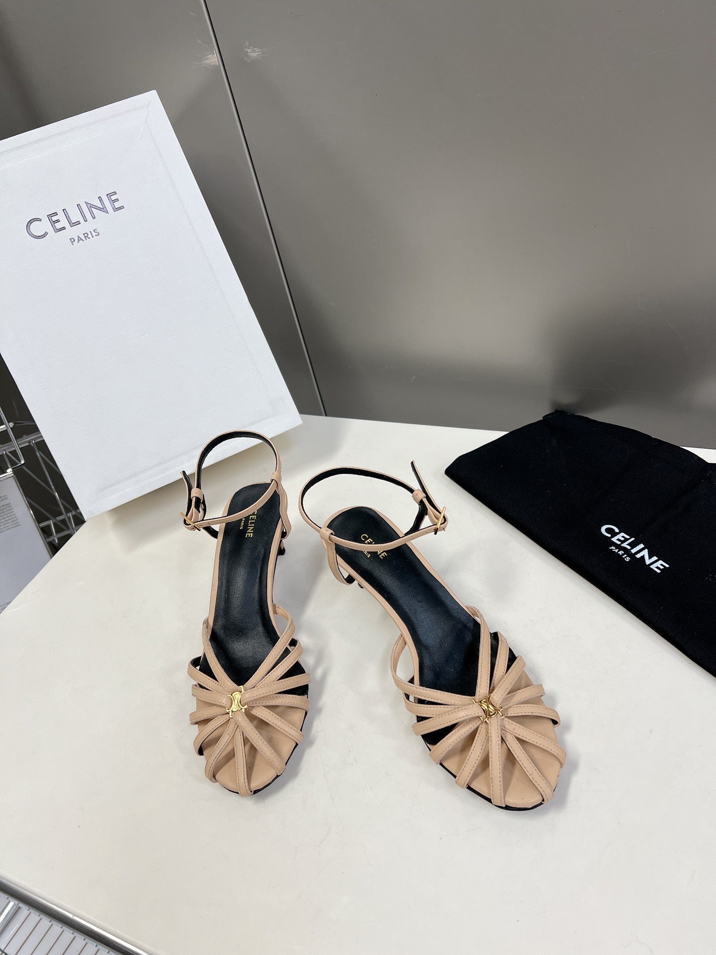 CELINE 26S KNOT STRAPPY SANDALS 60MM IN NUDE BEIGE CALFSKIN