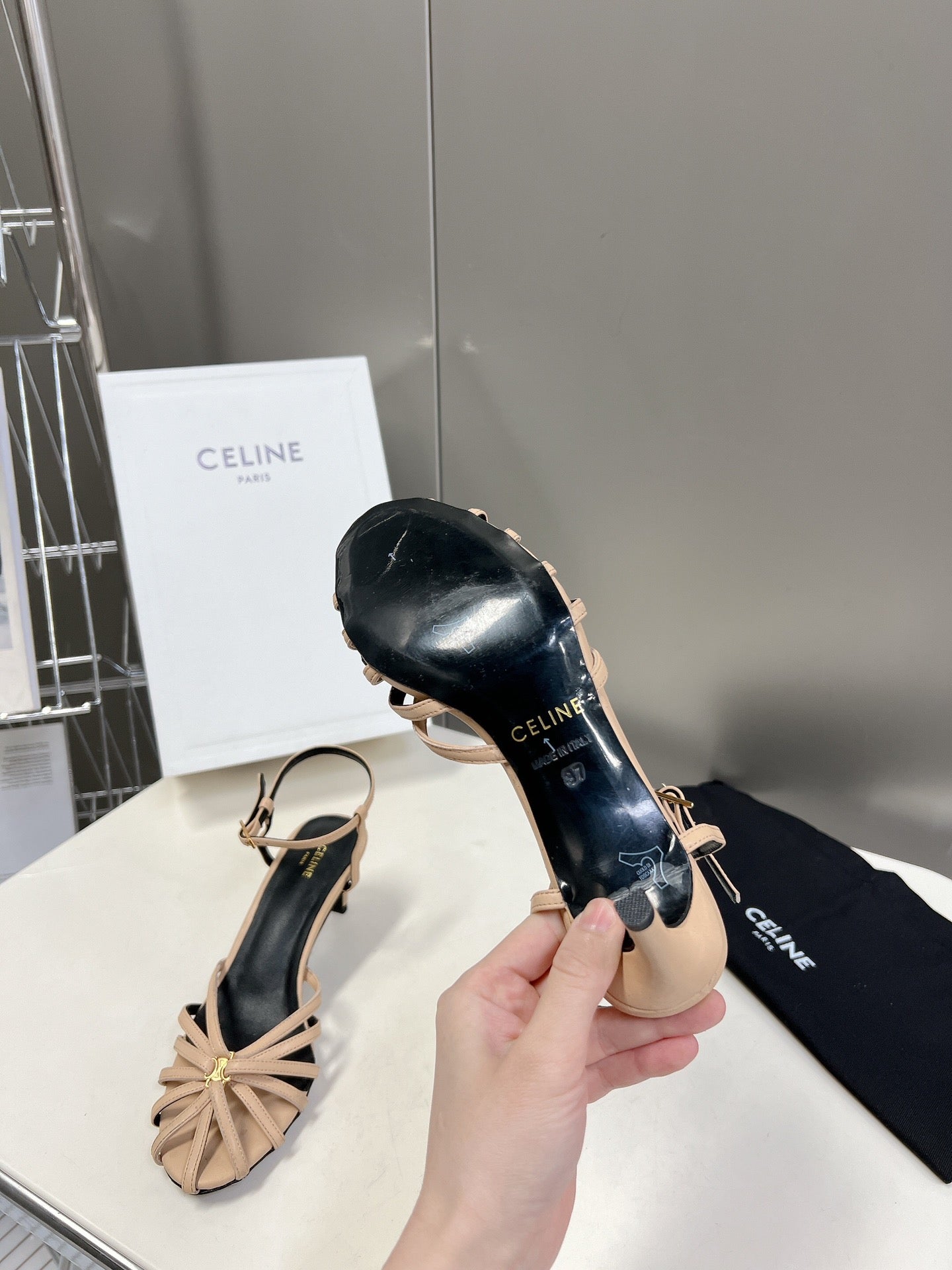 CELINE 26S KNOT STRAPPY SANDALS 60MM IN NUDE BEIGE CALFSKIN