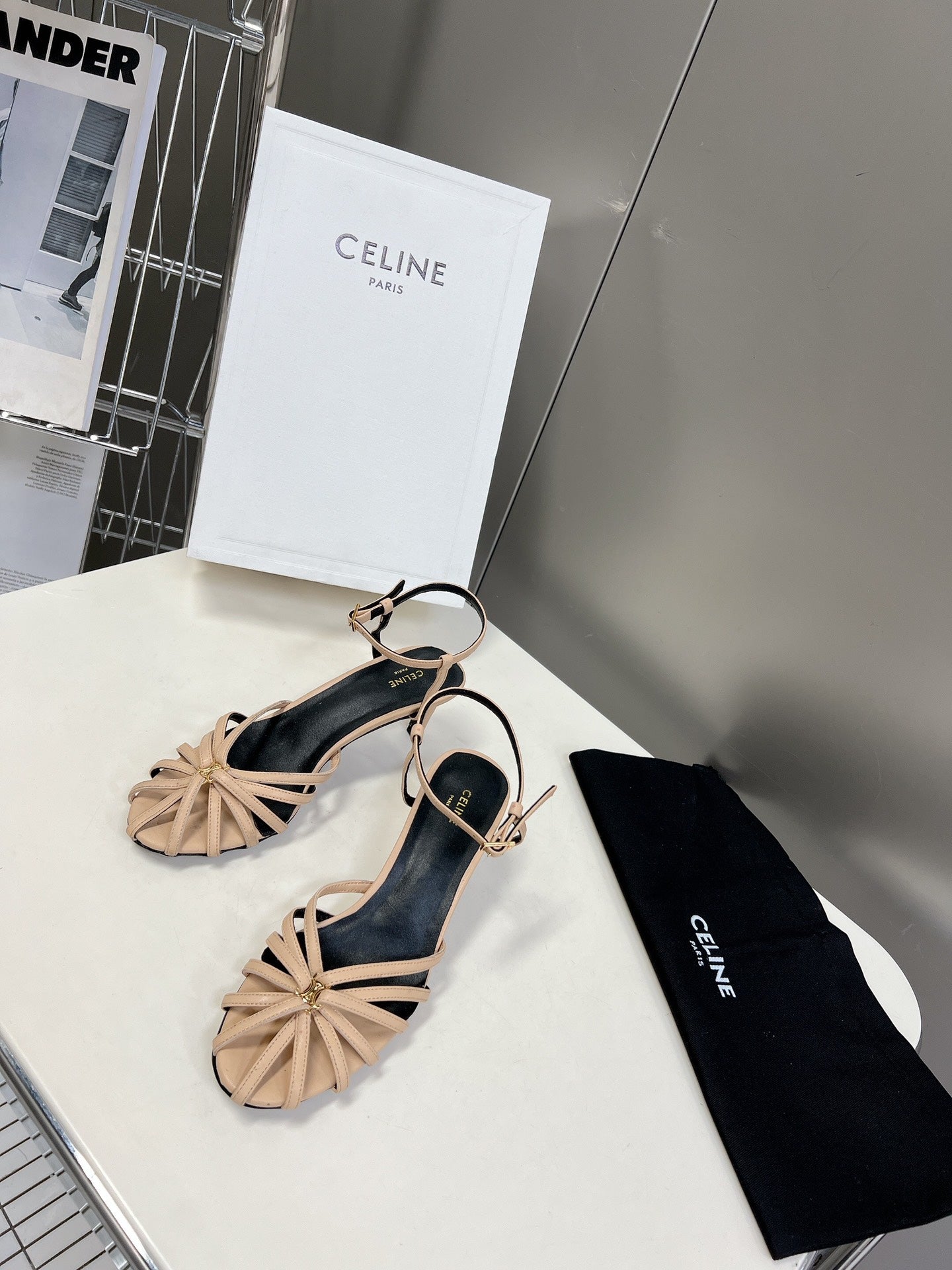 CELINE 26S KNOT STRAPPY SANDALS 60MM IN NUDE BEIGE CALFSKIN