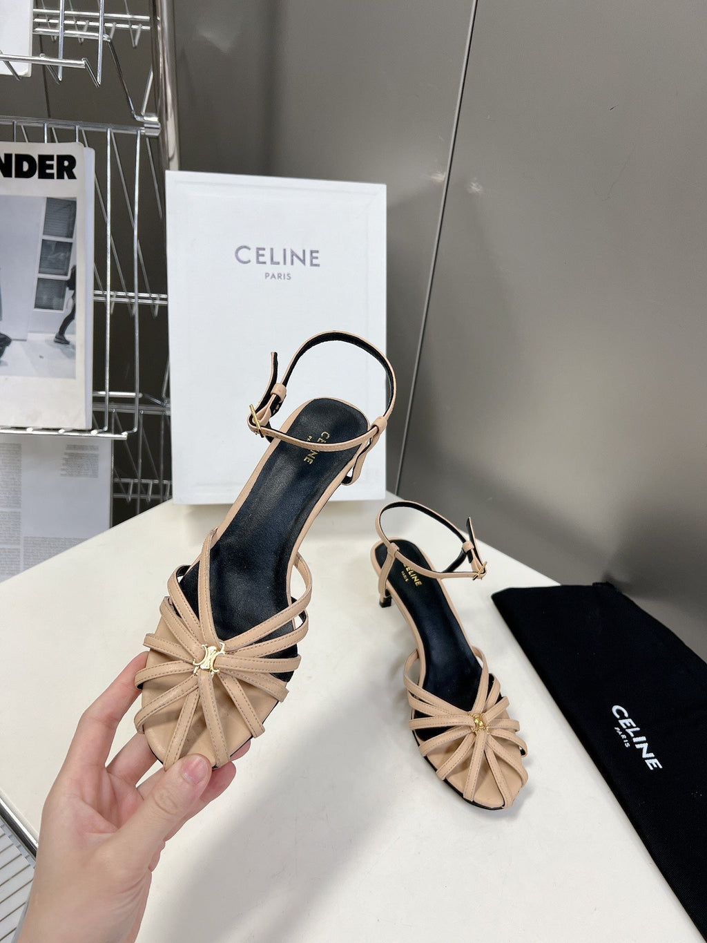 CELINE 26S KNOT STRAPPY SANDALS 60MM IN NUDE BEIGE CALFSKIN