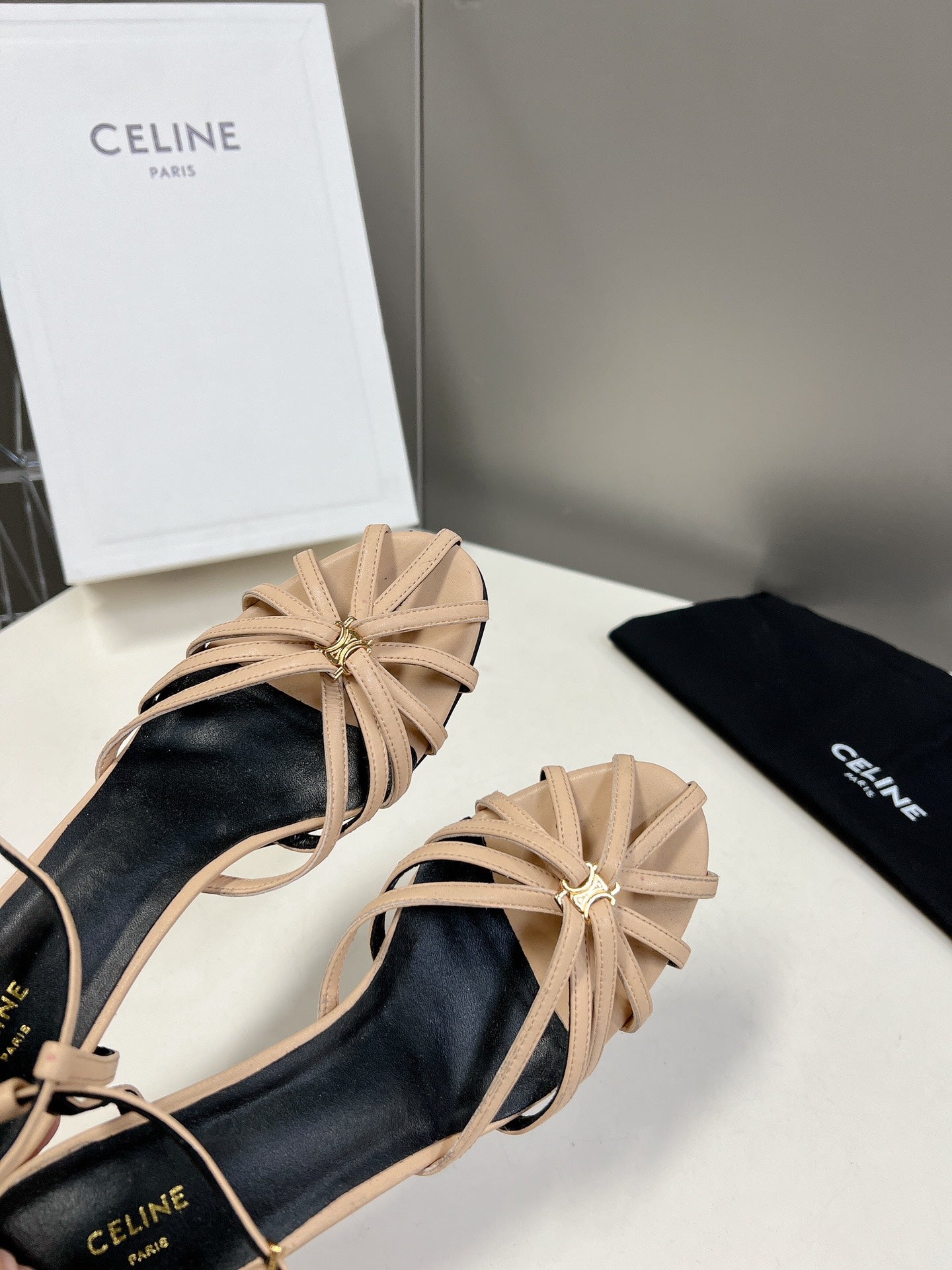 CELINE 26S KNOT STRAPPY SANDALS 60MM IN NUDE BEIGE CALFSKIN