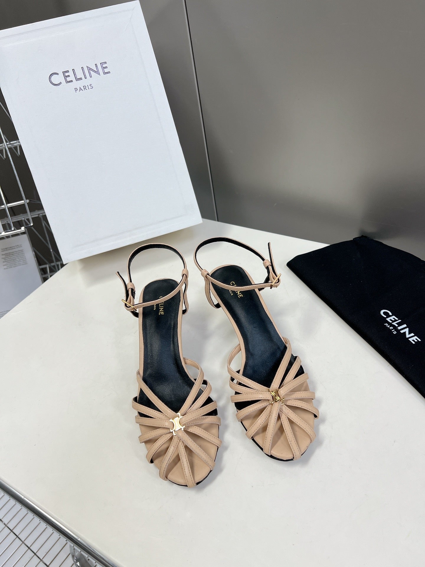 CELINE 26S KNOT STRAPPY SANDALS 60MM IN NUDE BEIGE CALFSKIN