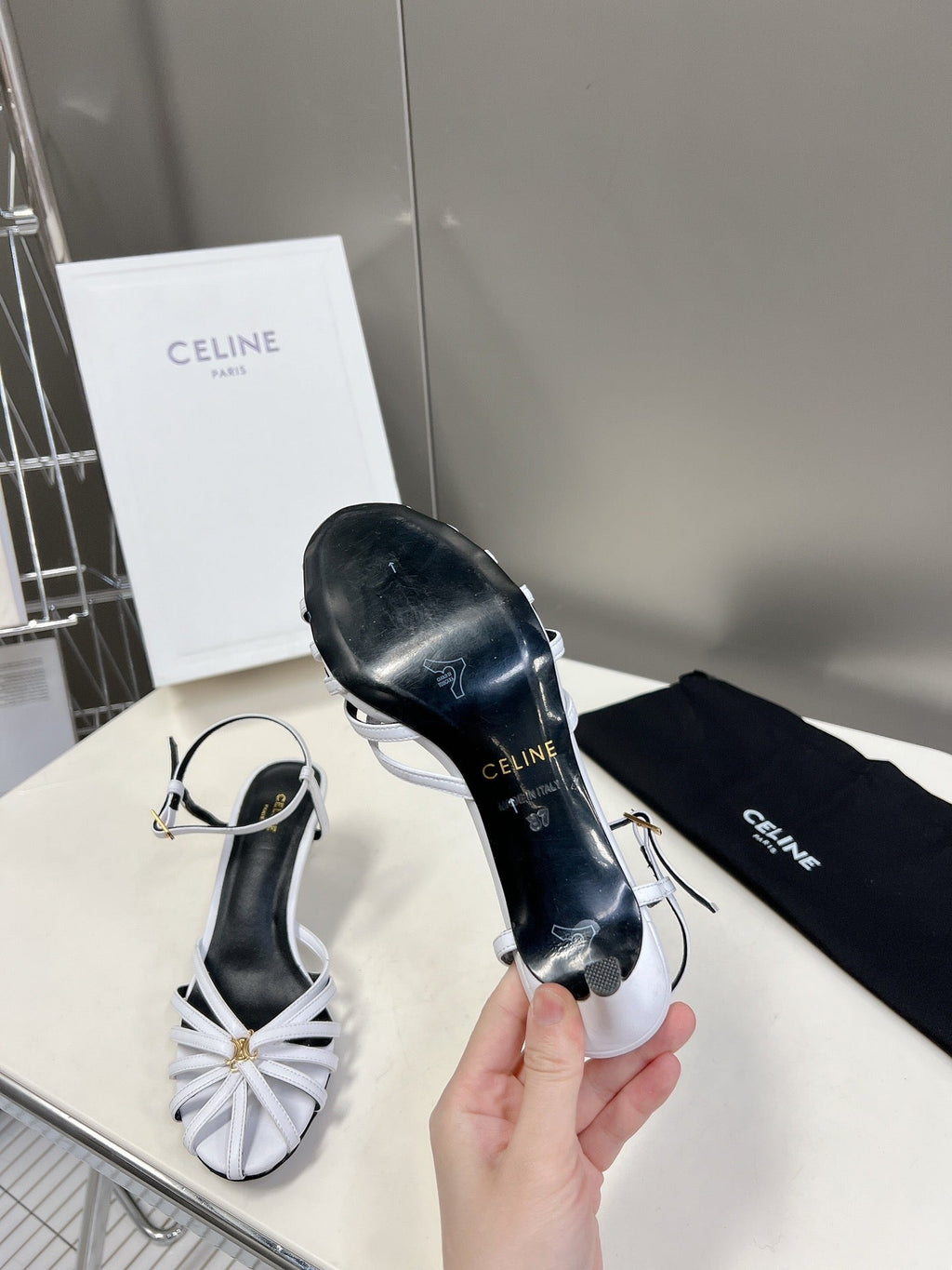 CELINE 26S KNOT STRAPPY SANDALS 60MM IN WHITE CALFSKIN