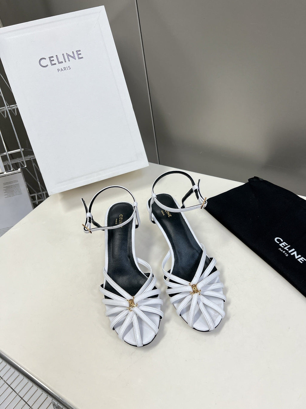 CELINE 26S KNOT STRAPPY SANDALS 60MM IN WHITE CALFSKIN