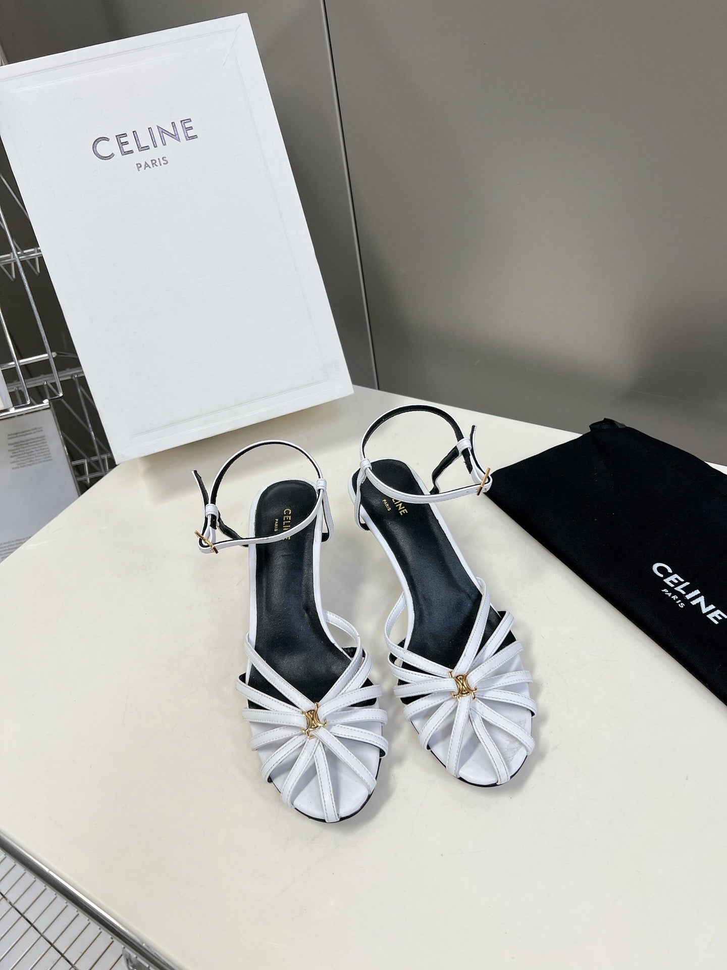 CELINE 26S KNOT STRAPPY SANDALS 60MM IN WHITE CALFSKIN