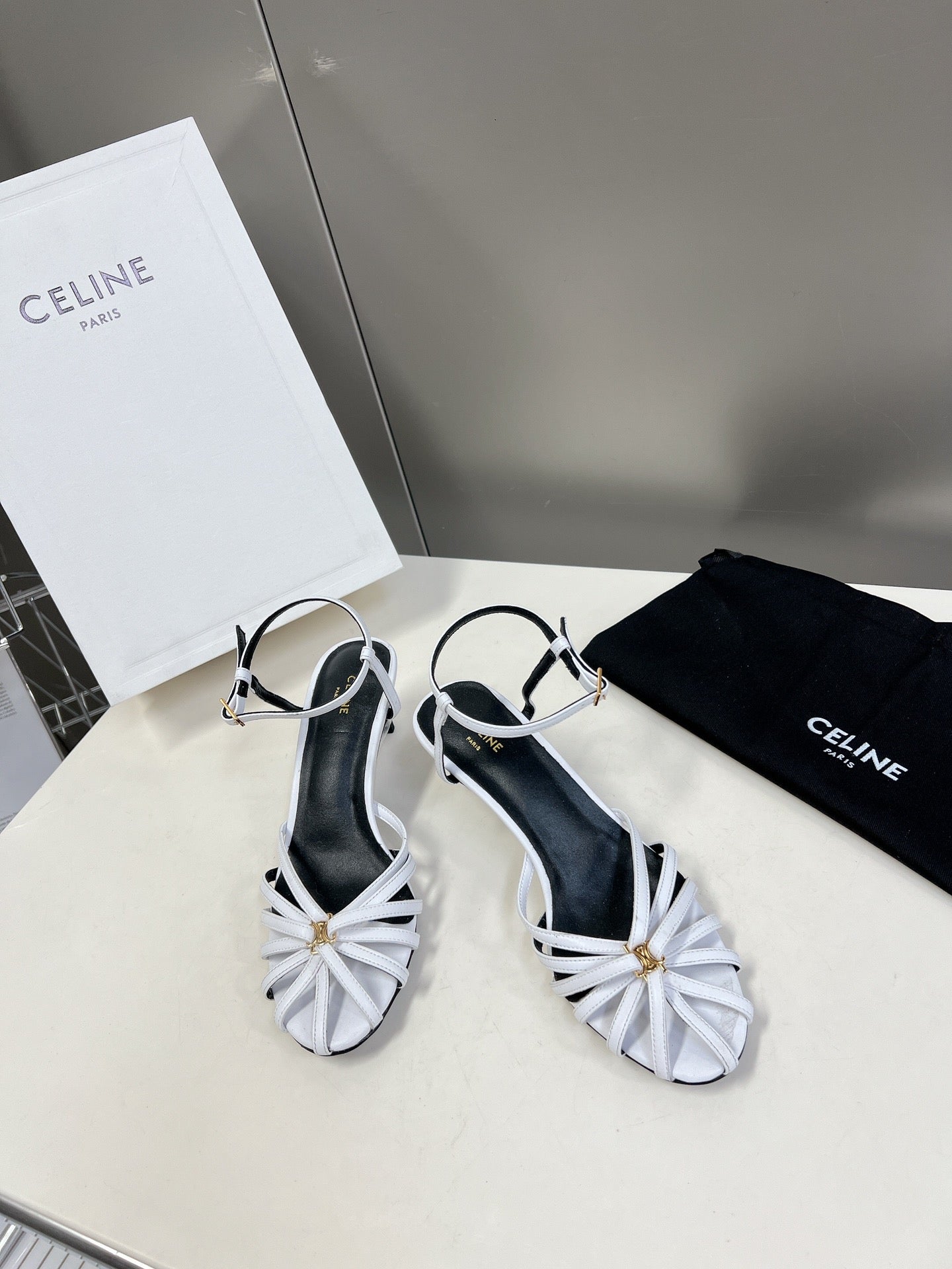 CELINE 26S KNOT STRAPPY SANDALS 60MM IN WHITE CALFSKIN
