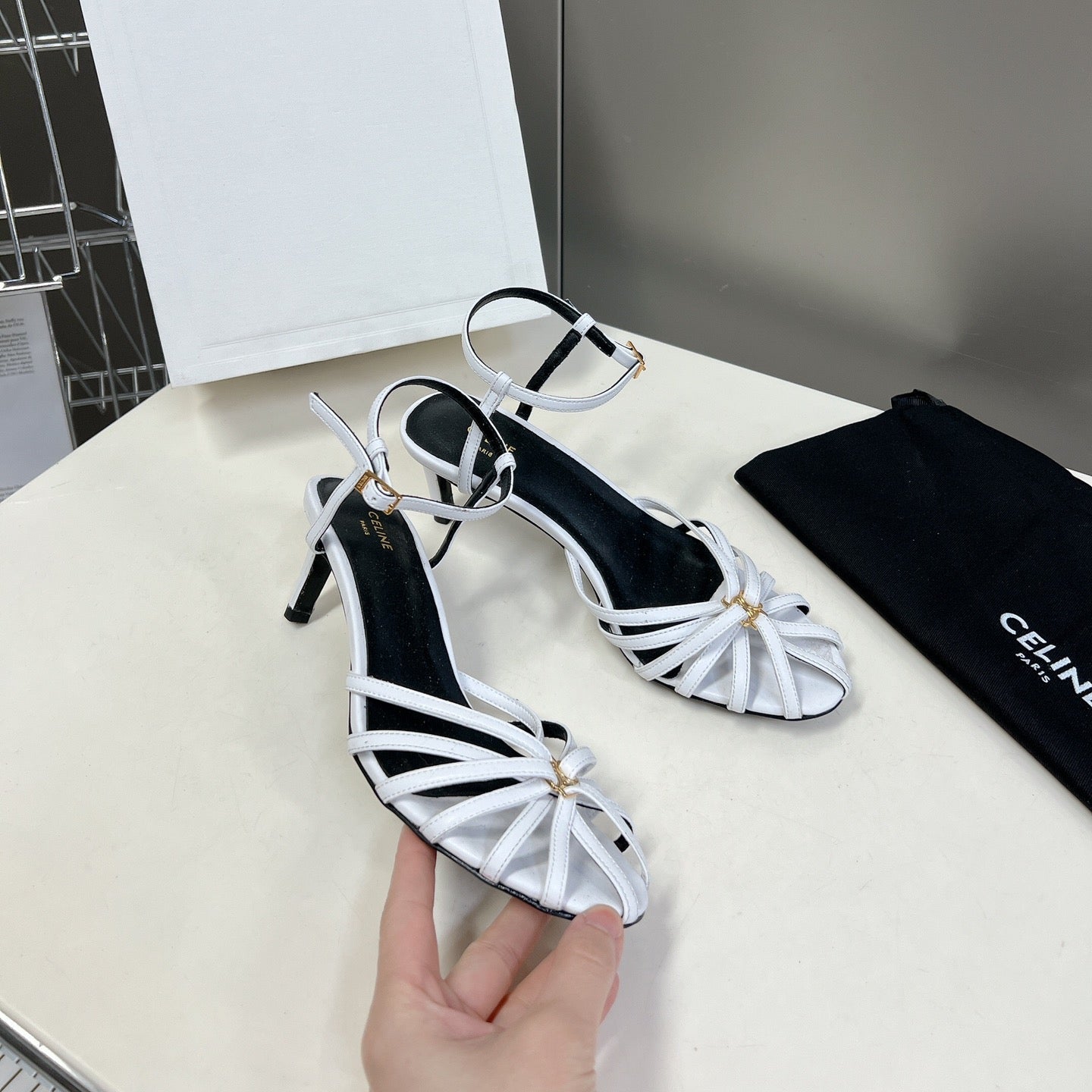 CELINE 26S KNOT STRAPPY SANDALS 60MM IN WHITE CALFSKIN