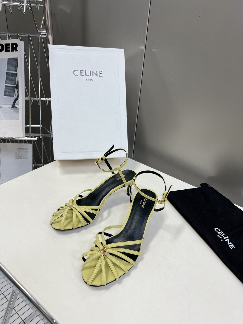 CELINE 26S KNOT STRAPPY SANDALS 60MM IN LIME YELLOW GREEN CALFSKIN
