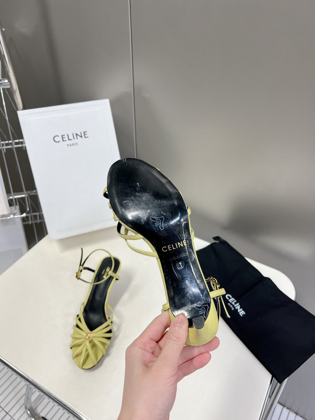 CELINE 26S KNOT STRAPPY SANDALS 60MM IN LIME YELLOW GREEN CALFSKIN