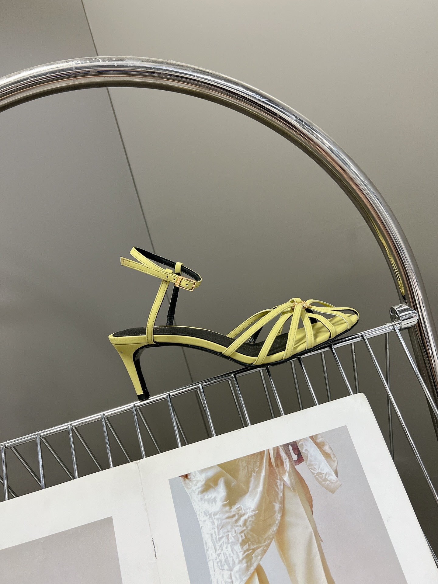CELINE 26S KNOT STRAPPY SANDALS 60MM IN LIME YELLOW GREEN CALFSKIN
