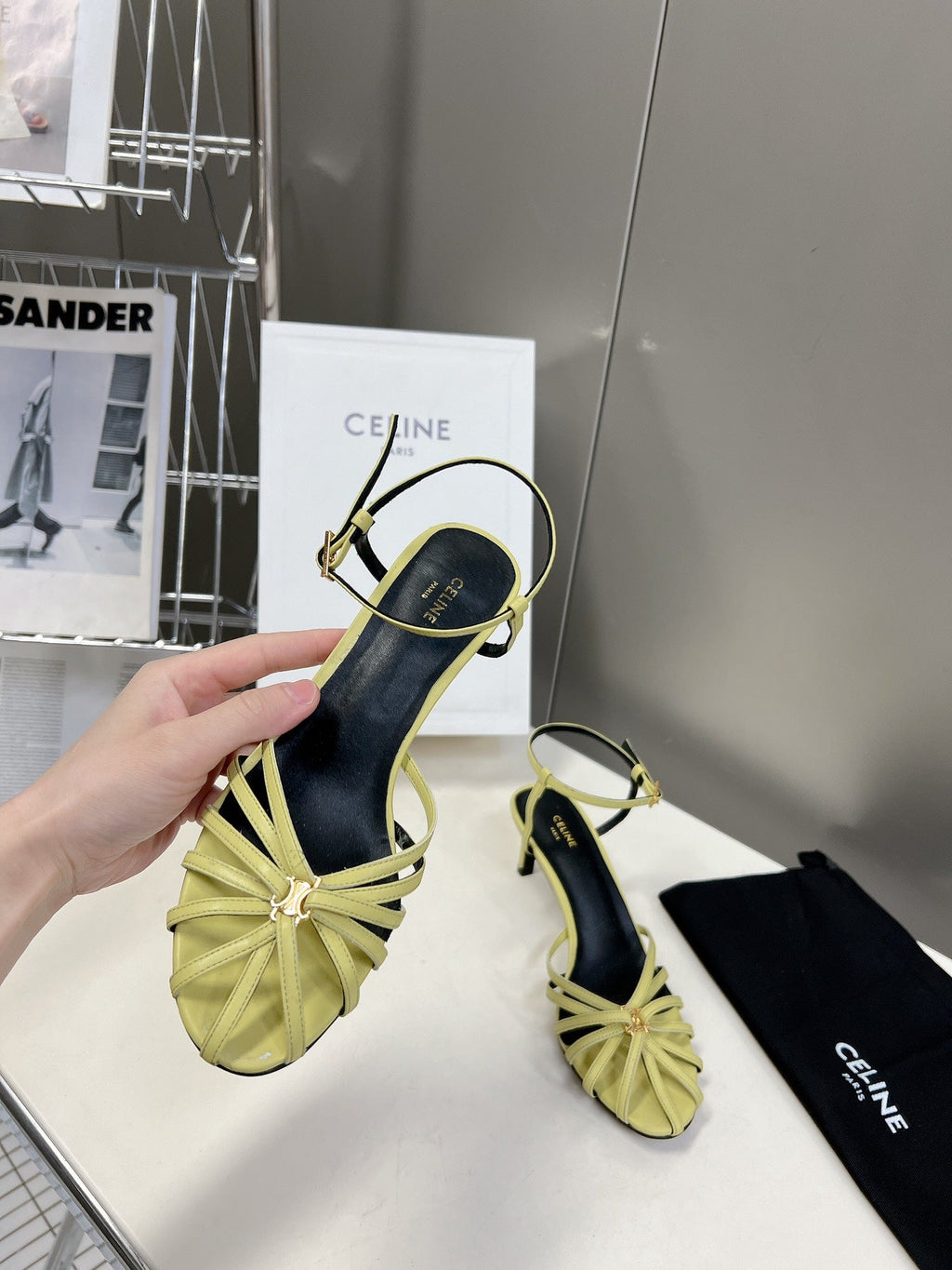 CELINE 26S KNOT STRAPPY SANDALS 60MM IN LIME YELLOW GREEN CALFSKIN