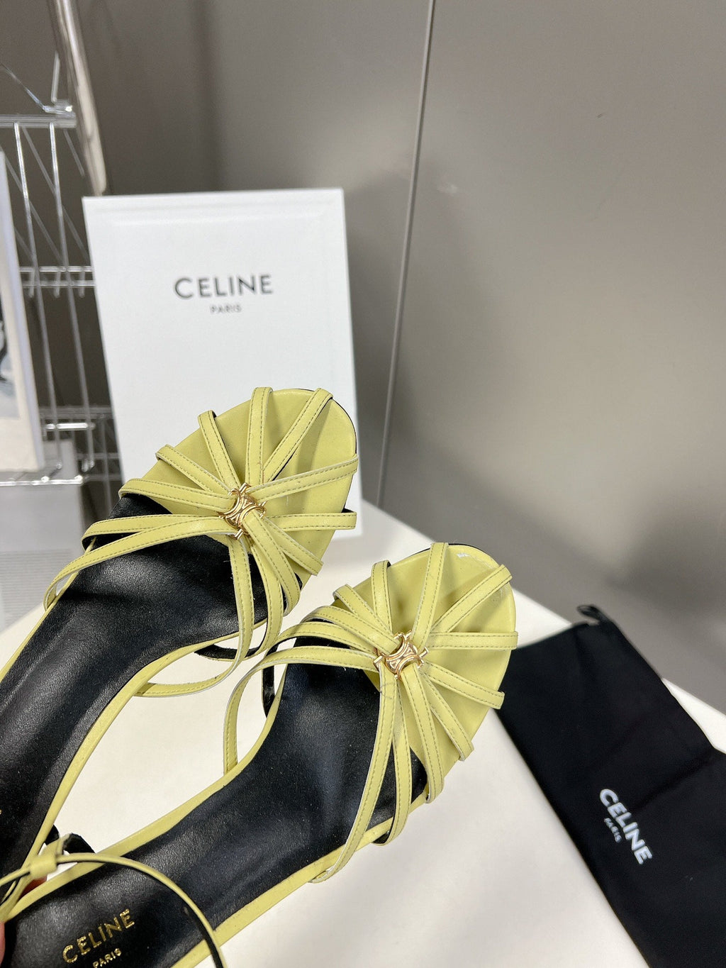 CELINE 26S KNOT STRAPPY SANDALS 60MM IN LIME YELLOW GREEN CALFSKIN