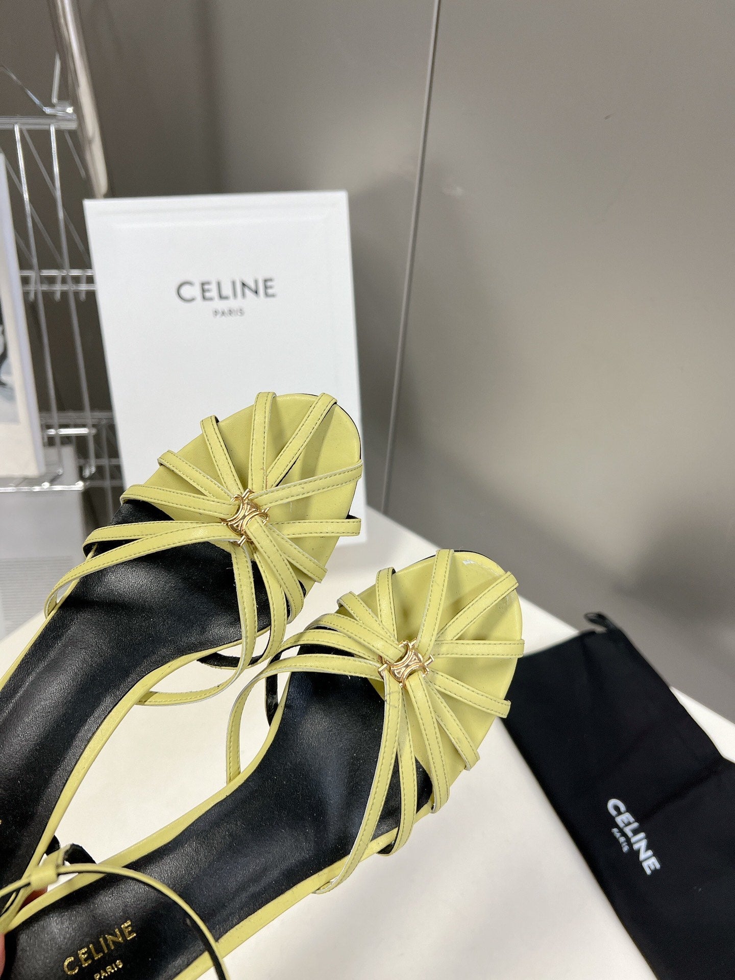 CELINE 26S KNOT STRAPPY SANDALS 60MM IN LIME YELLOW GREEN CALFSKIN