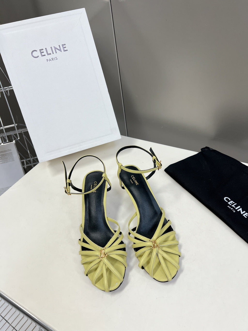 CELINE 26S KNOT STRAPPY SANDALS 60MM IN LIME YELLOW GREEN CALFSKIN