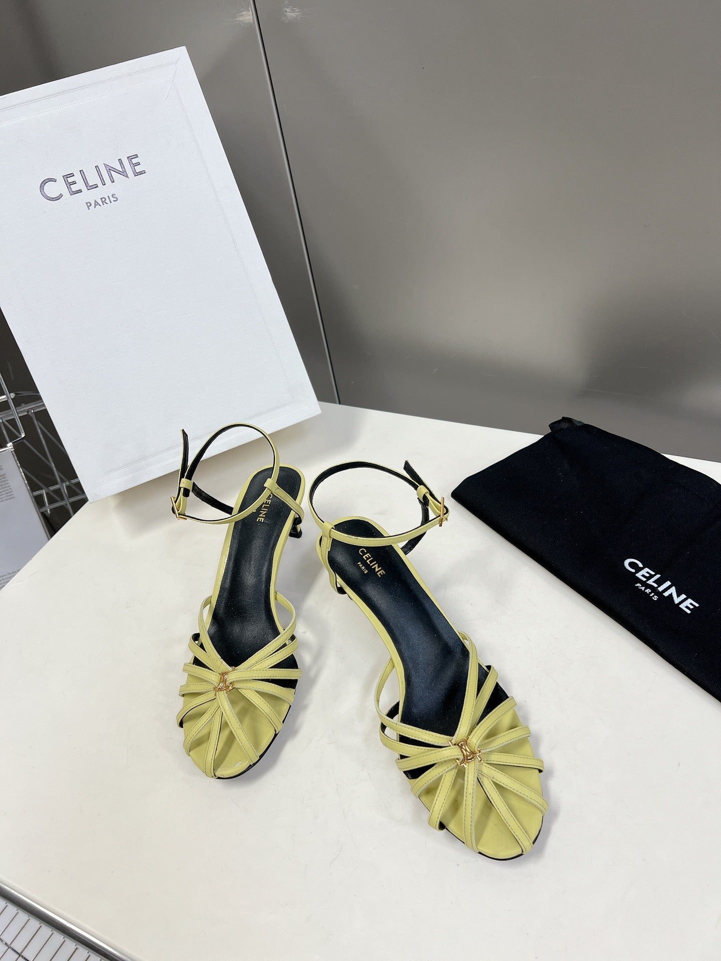 CELINE 26S KNOT STRAPPY SANDALS 60MM IN LIME YELLOW GREEN CALFSKIN