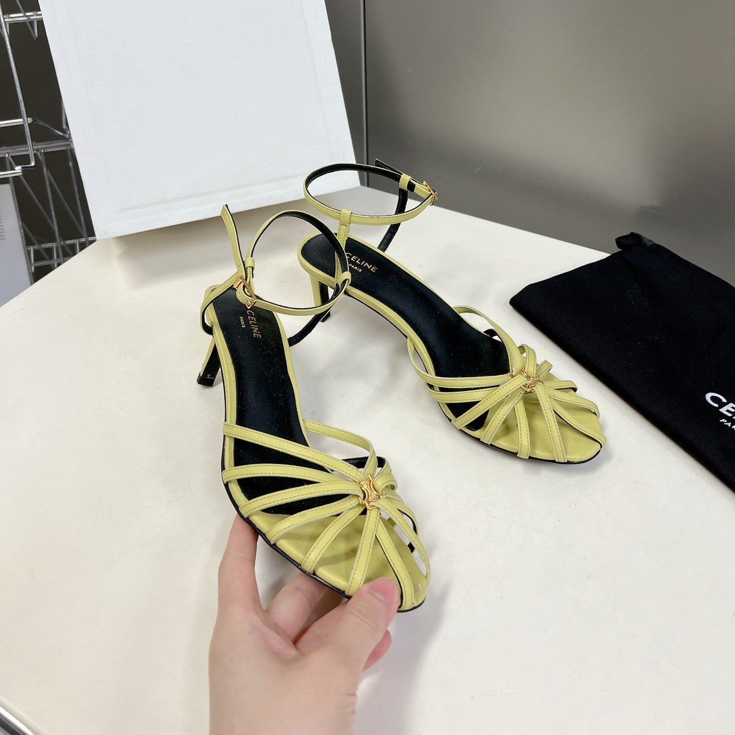 CELINE 26S KNOT STRAPPY SANDALS 60MM IN LIME YELLOW GREEN CALFSKIN