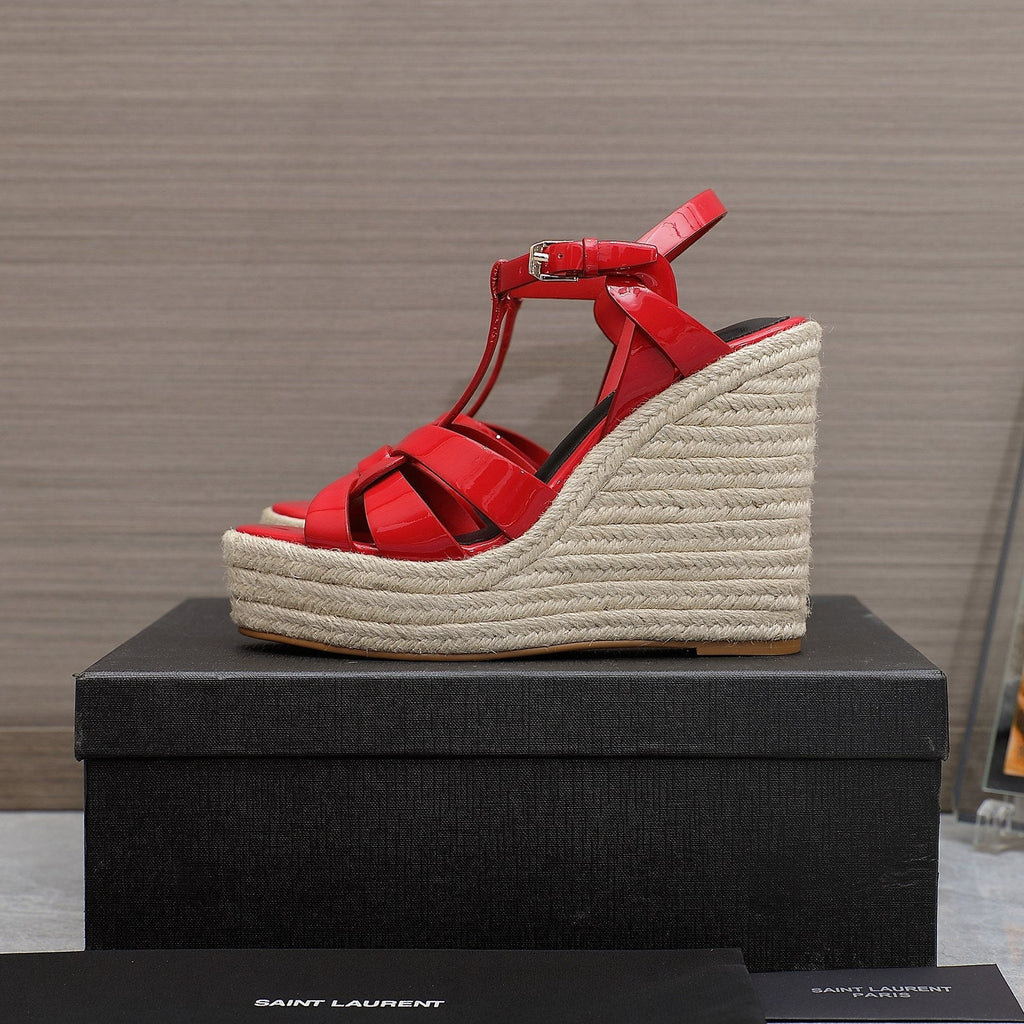 SL TRIBUTE WEDGE SANDALS CRIMSON POLISHED CALFSKIN