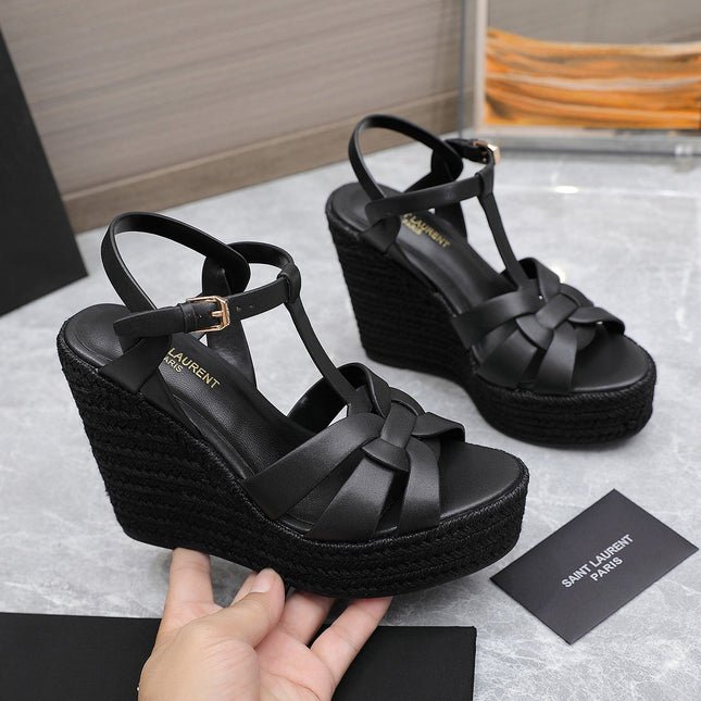 YSL TRIBUTE ESPADRILLE WEDGE SANDALS 105MM IN BLACK CALFSKIN