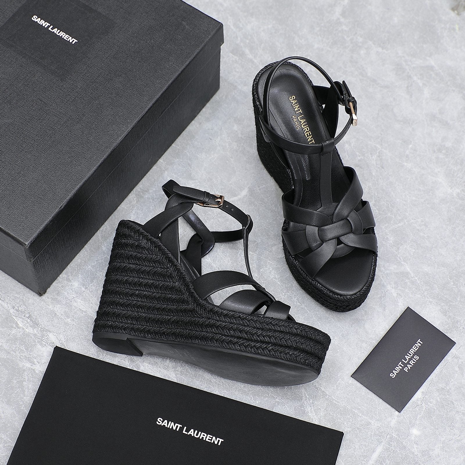 YSL TRIBUTE ESPADRILLE WEDGE SANDALS 105MM IN BLACK CALFSKIN