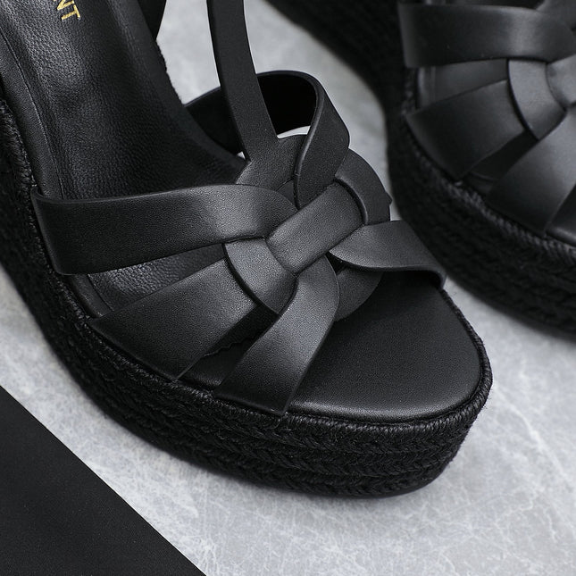 YSL TRIBUTE ESPADRILLE WEDGE SANDALS 105MM IN BLACK CALFSKIN
